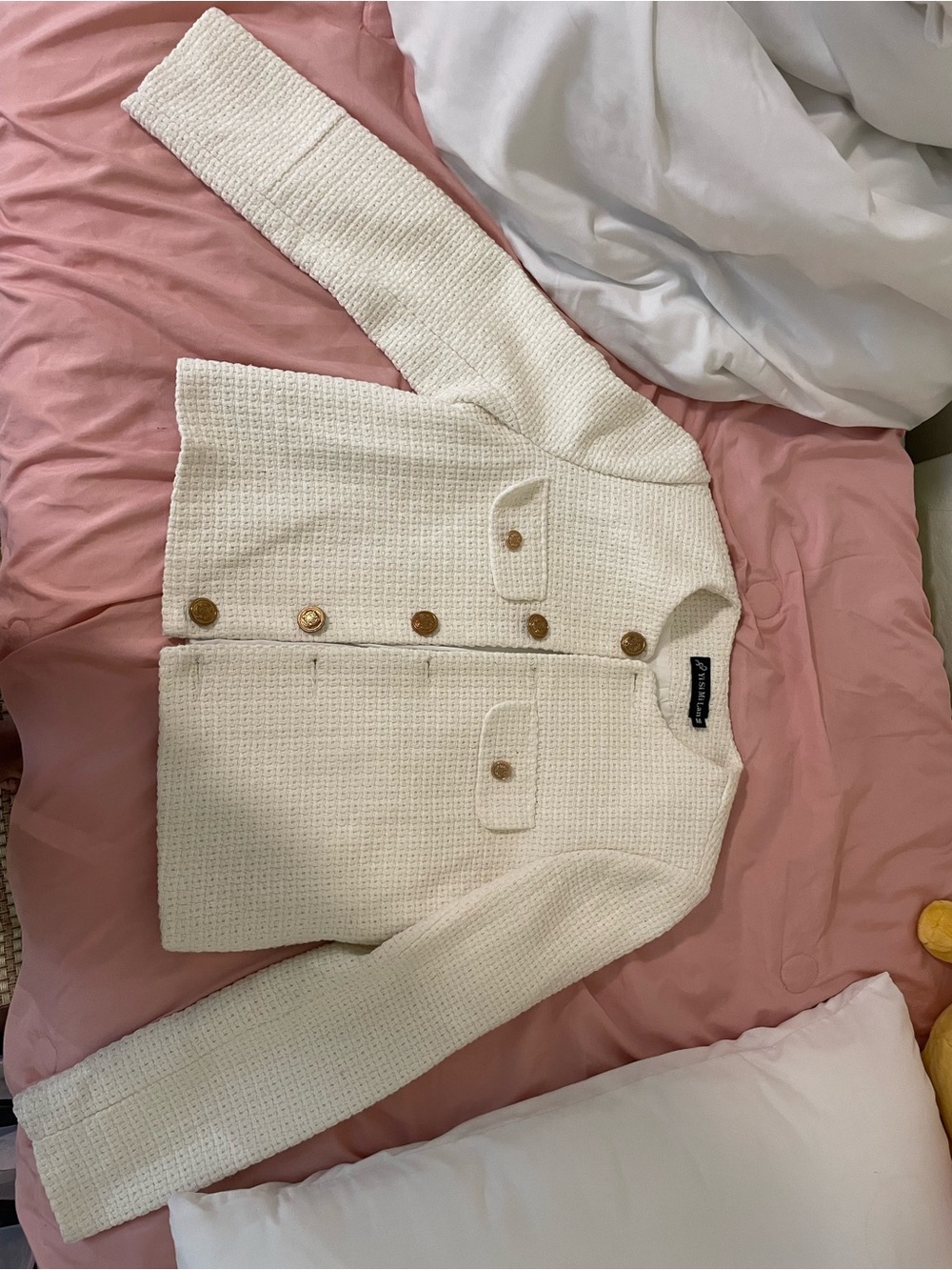 Cream Textured Bouclé Jacket with Gold Buttons